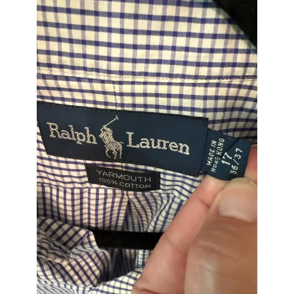 Ralph Lauren Long Sleeve Button Down Shirt Men's Size 17 Blue White Checked